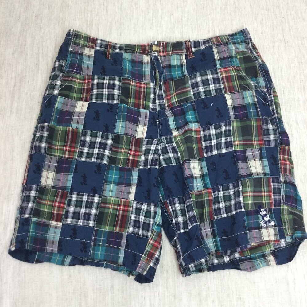 Disney Patchwork Shorts Mens Size 40 Multi Plaid Flat Front World‎ Mickey Mouse